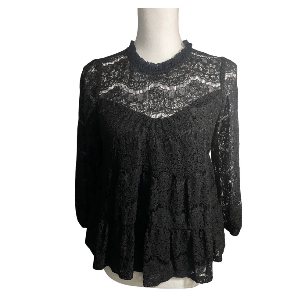 MONTEAU Los Angeles Size Medium Black Lace Tiered Blouse